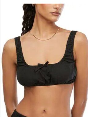 WeWoreWhat Women's Black Scrunchy Linen-Blend Milkmaid Coquette Bow Top Medium